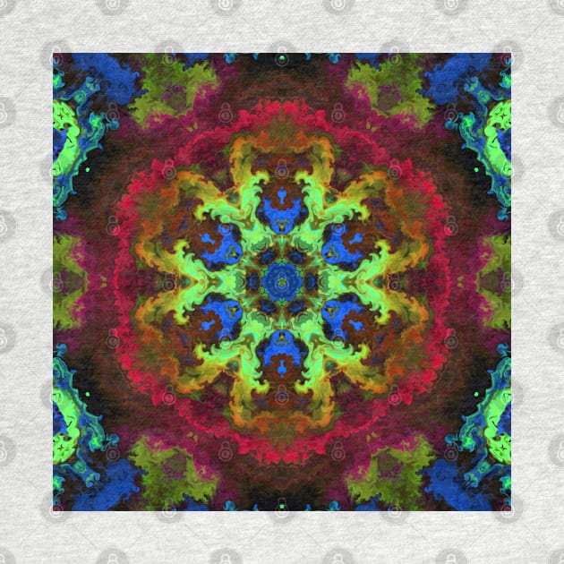 Psychedelic Mandala Flower Green Blue and Red by WormholeOrbital